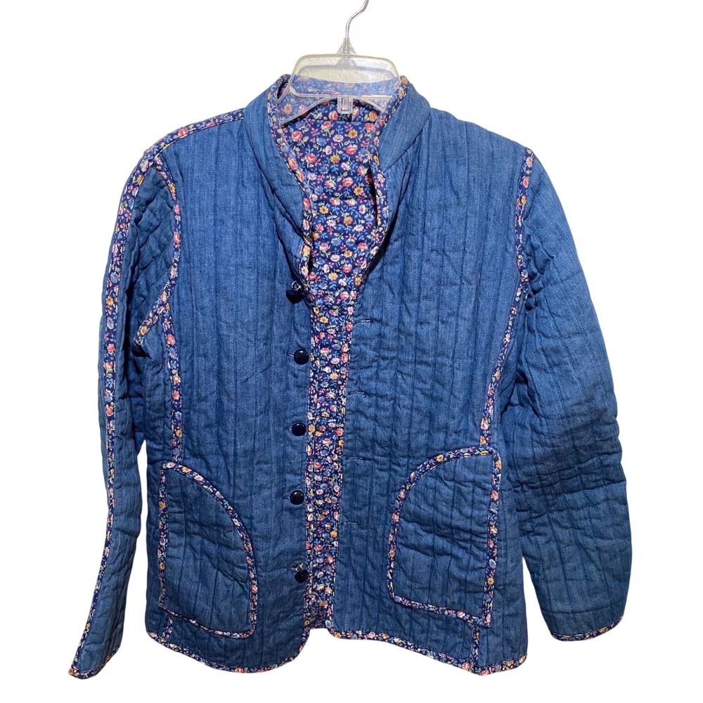 Vintage Style Reversible Quilted Jacket Blue Denim Floral Print Button Front
